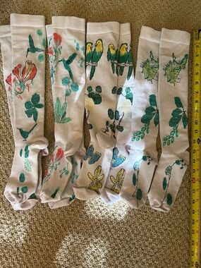 White Knee-High Botanical & Bird Print Socks - Green, Yellow, Teal Accents